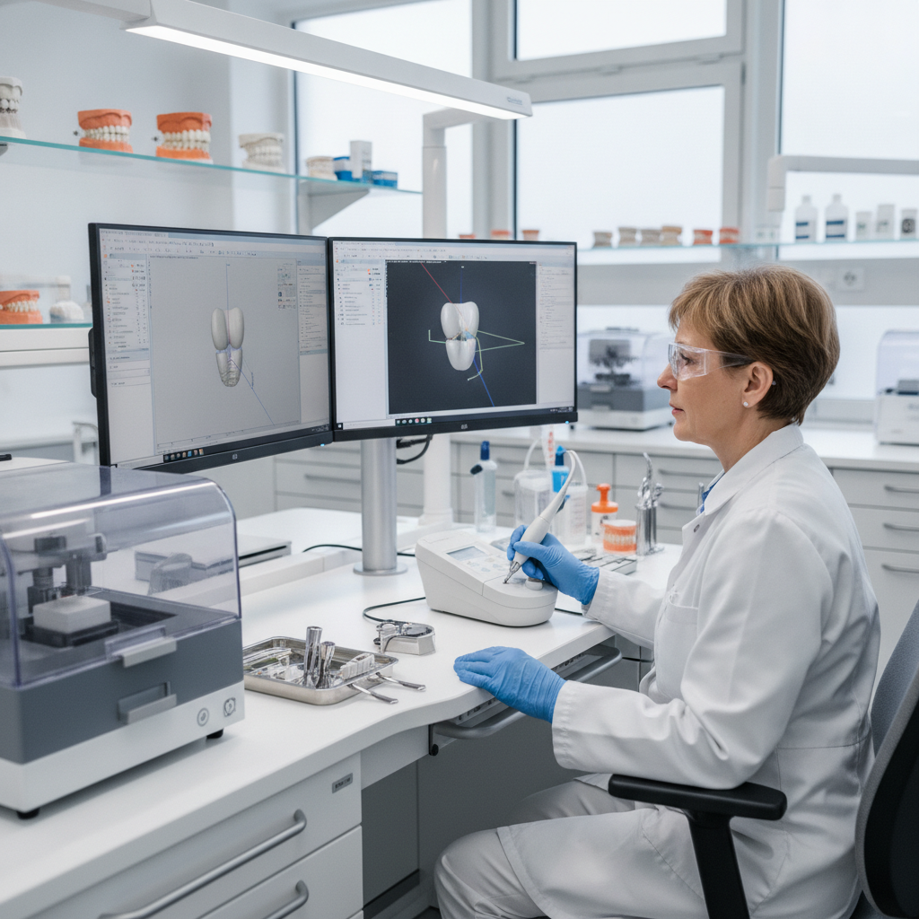 Skilled dental technician meticulously crafting a ceramic crown restoration on a dental model in a modern dental laboratory workbench
