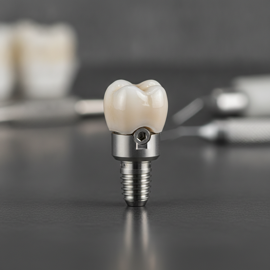 Custom milled titanium dental implant abutment with screw-retained ceramic crown prosthetic close-up