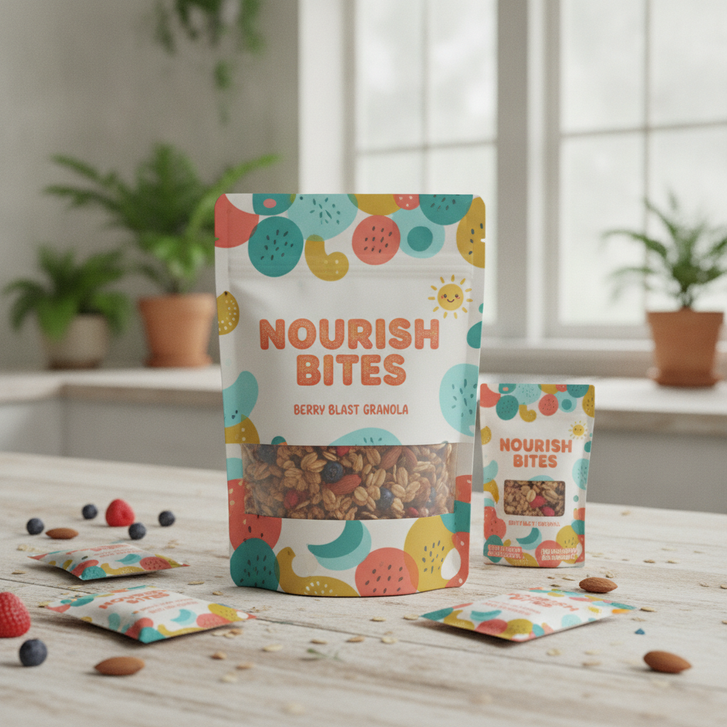 Vibrant and playful packaging design for a healthy snack food brand