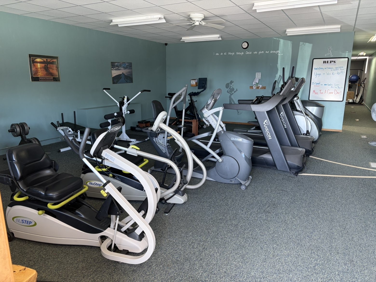Cardio zone with treadmills and ellipticals overlooking the main gym floor