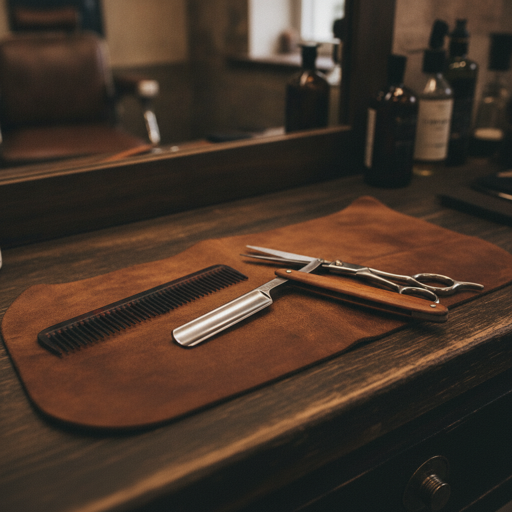 Professional vintage barber tools including straight razor, scissors, and comb on leather strop
