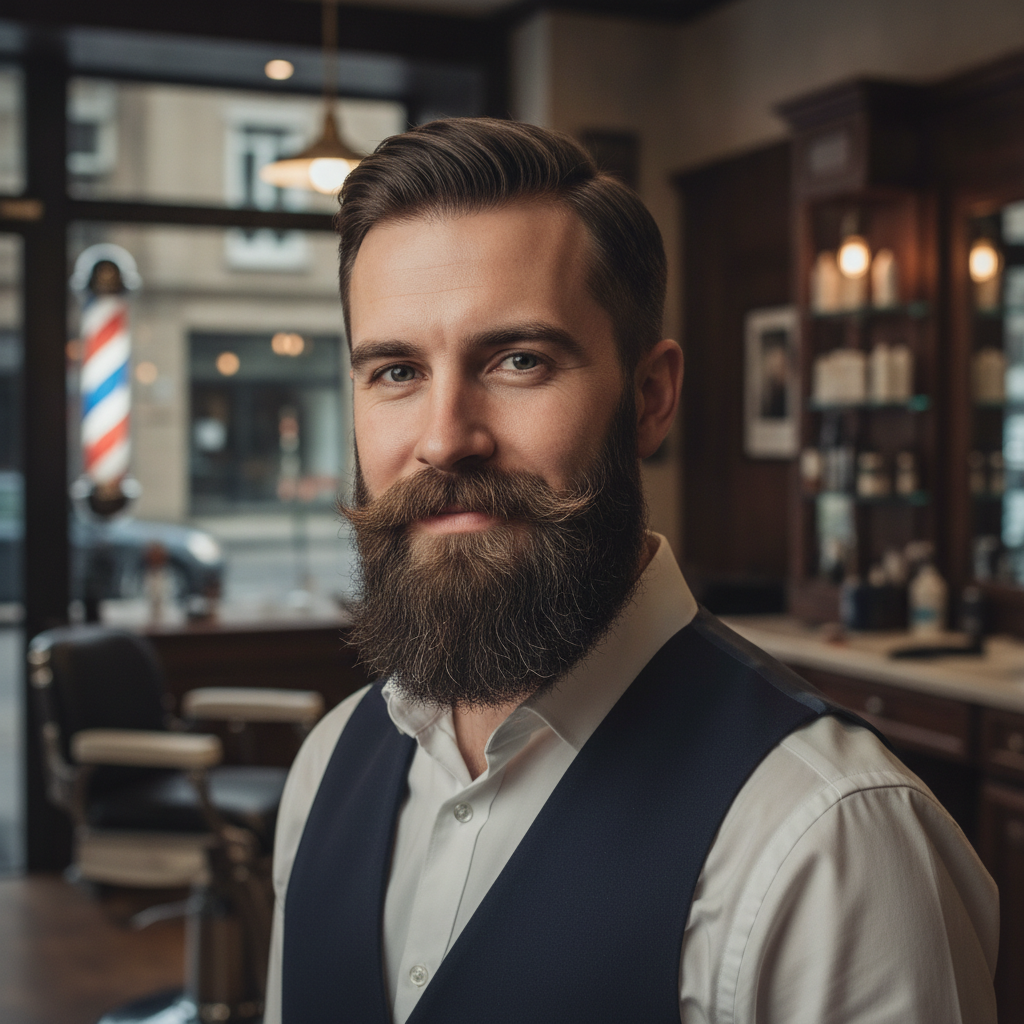 Well-groomed man showcasing a freshly shaped and sculpted full beard with defined edges and trimmed mustache