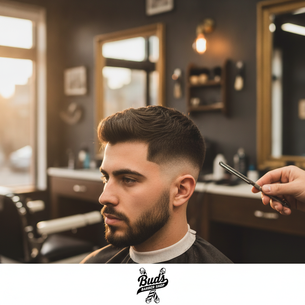 Close-up detail of a precision high skin fade haircut with sharp line-up on a young client at Bud's Barber Shop
