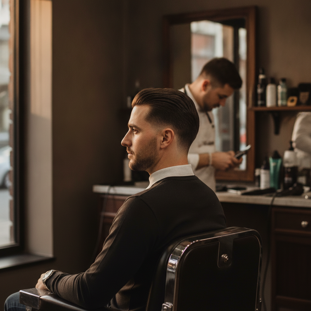 Side profile of a gentleman with a classic tapered haircut featuring a crisp neckline and blended sides styled with pomade