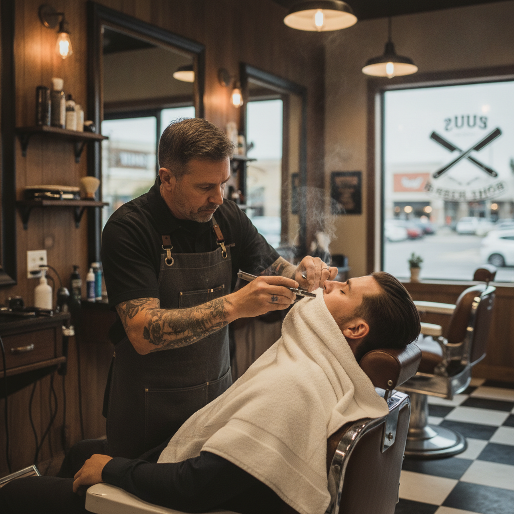 Traditional hot towel straight razor shave being performed by a skilled barber with a steaming white towel wrapped around client's face