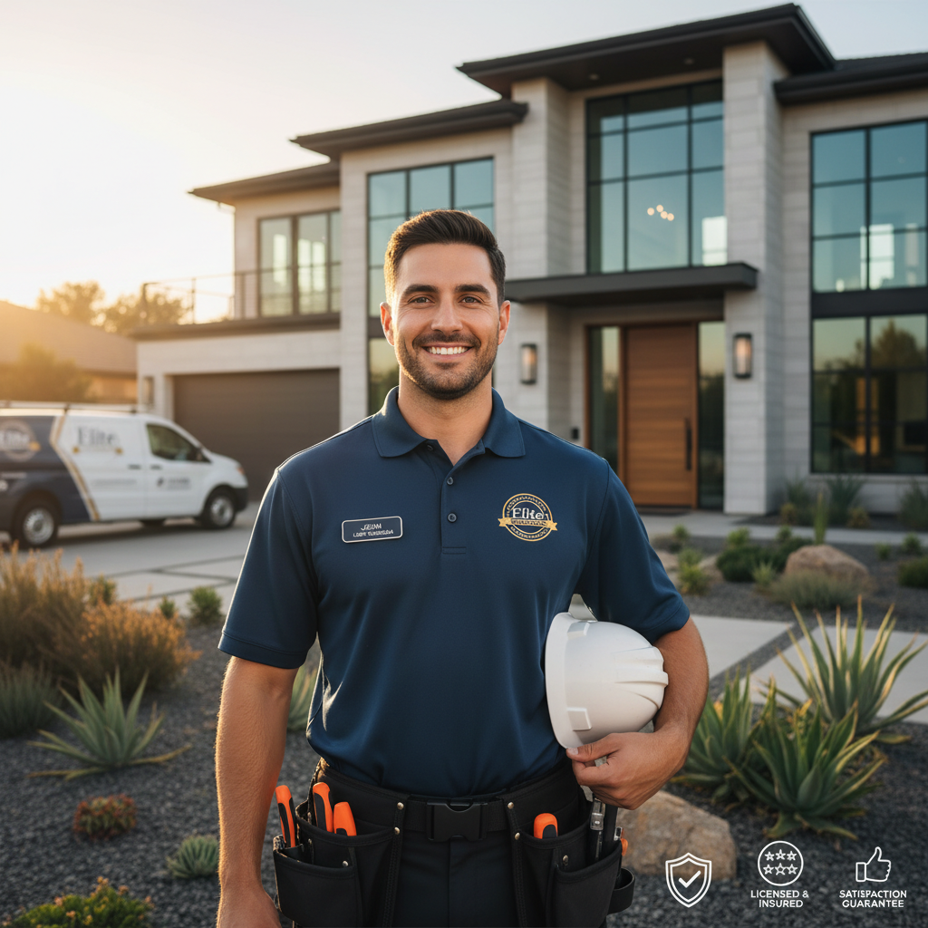 Smiling professional technician in uniform standing proudly in front of a modern luxury house