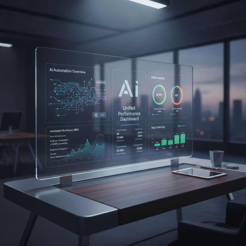 Premium digital agency dashboard showing AI automation data and CRM analytics