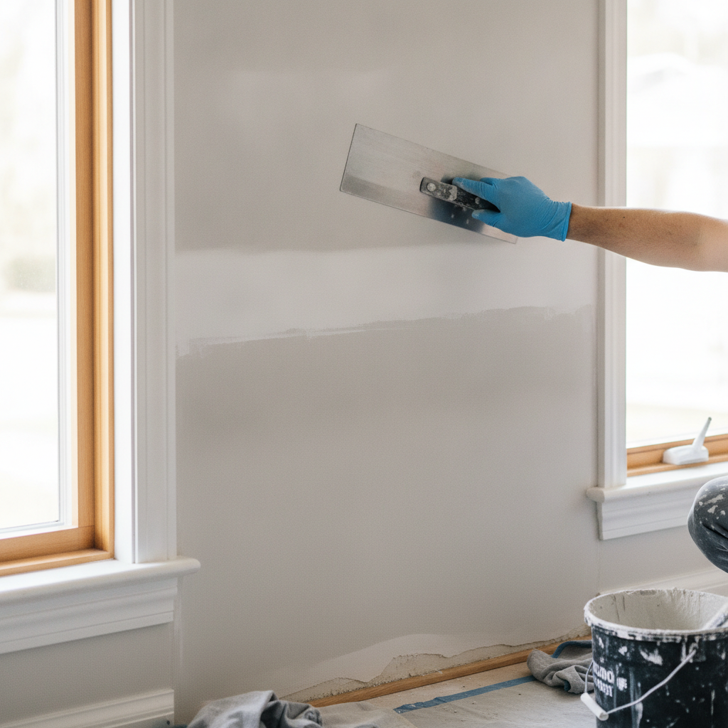 Professional drywall repair and stucco patching with smooth finish on interior wall