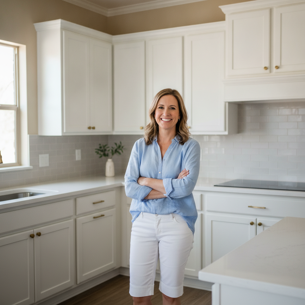 Smiling female homeowner Sarah in her freshly painted Arizona home
