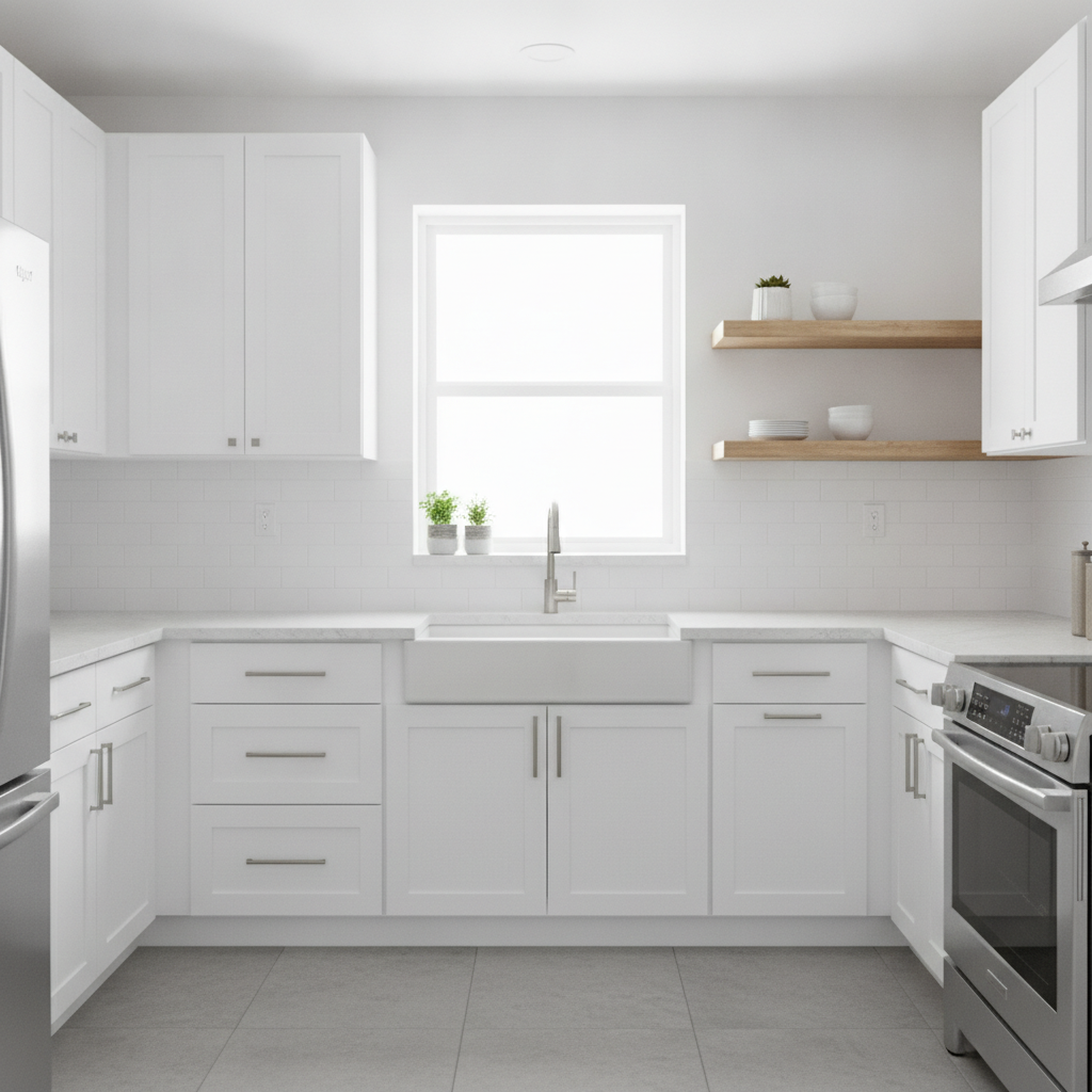 Refinished white kitchen cabinets with modern factory-smooth finish