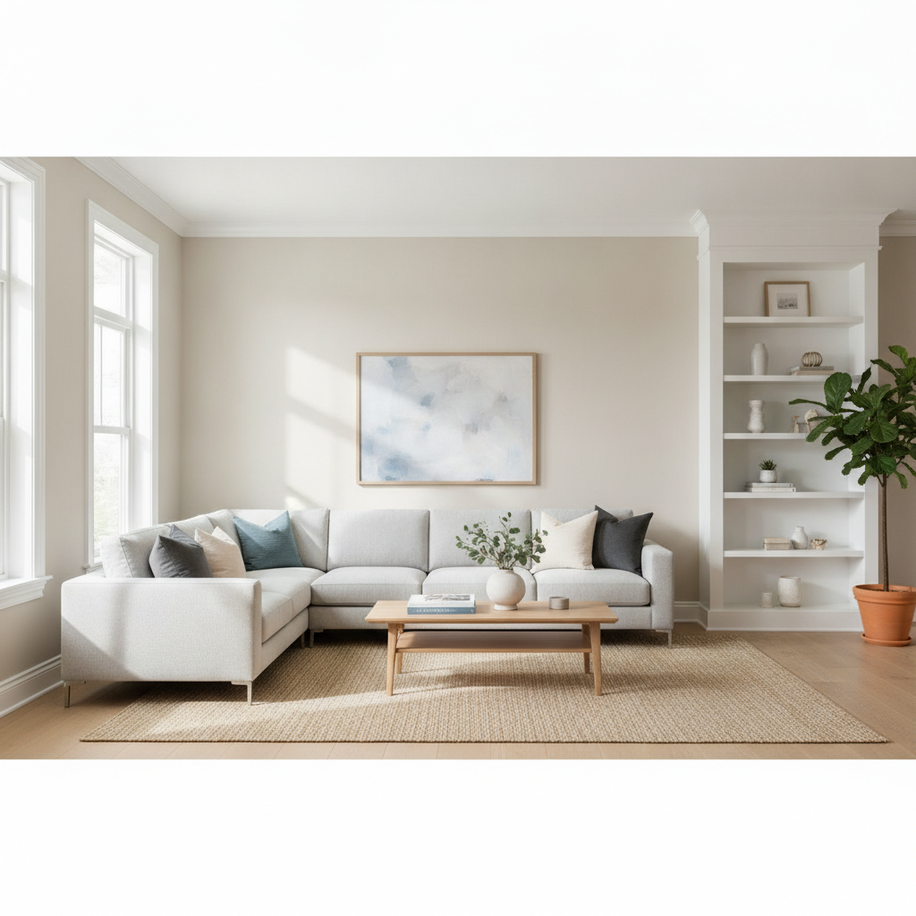 Freshly painted modern interior living room with neutral walls and clean trim