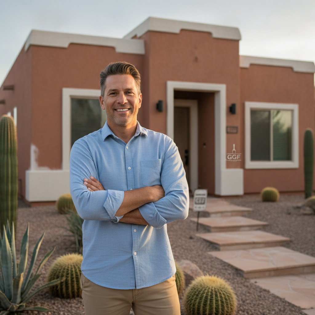 Happy male homeowner Mark standing in front of his newly painted Scottsdale house