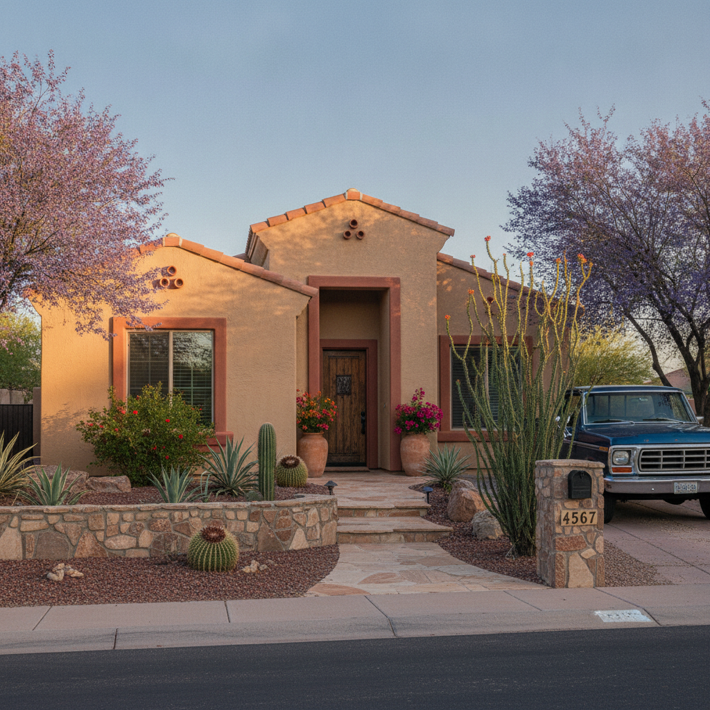 Exterior stucco Arizona home freshly painted with beautiful curb appeal