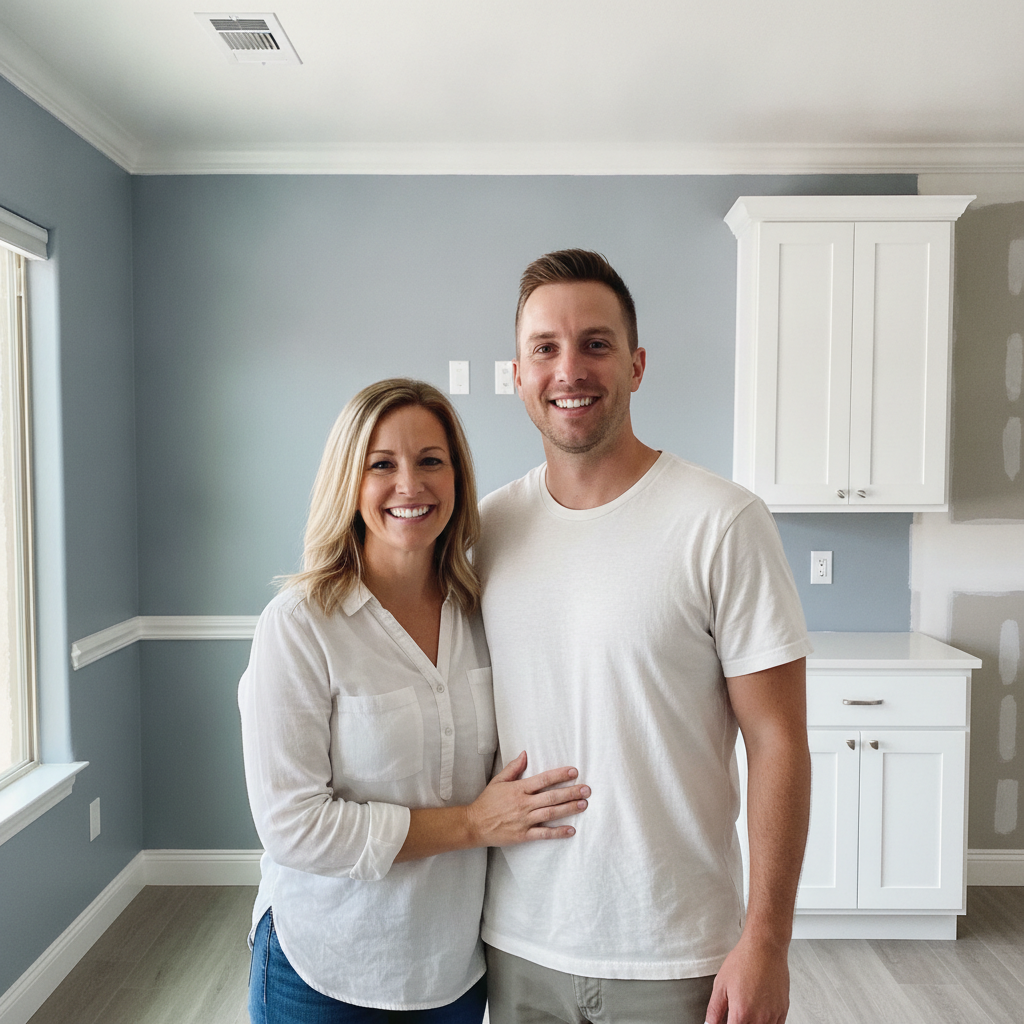 Cheerful couple Jennifer and Tom smiling together in their beautifully repainted Gilbert home