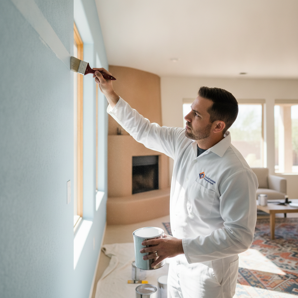 Skilled professional painter in white uniform meticulously cutting in a crisp edge along the ceiling line with an angled sash brush, demonstrating detailed craftsmanship and precision in a sunlit Arizona home interior