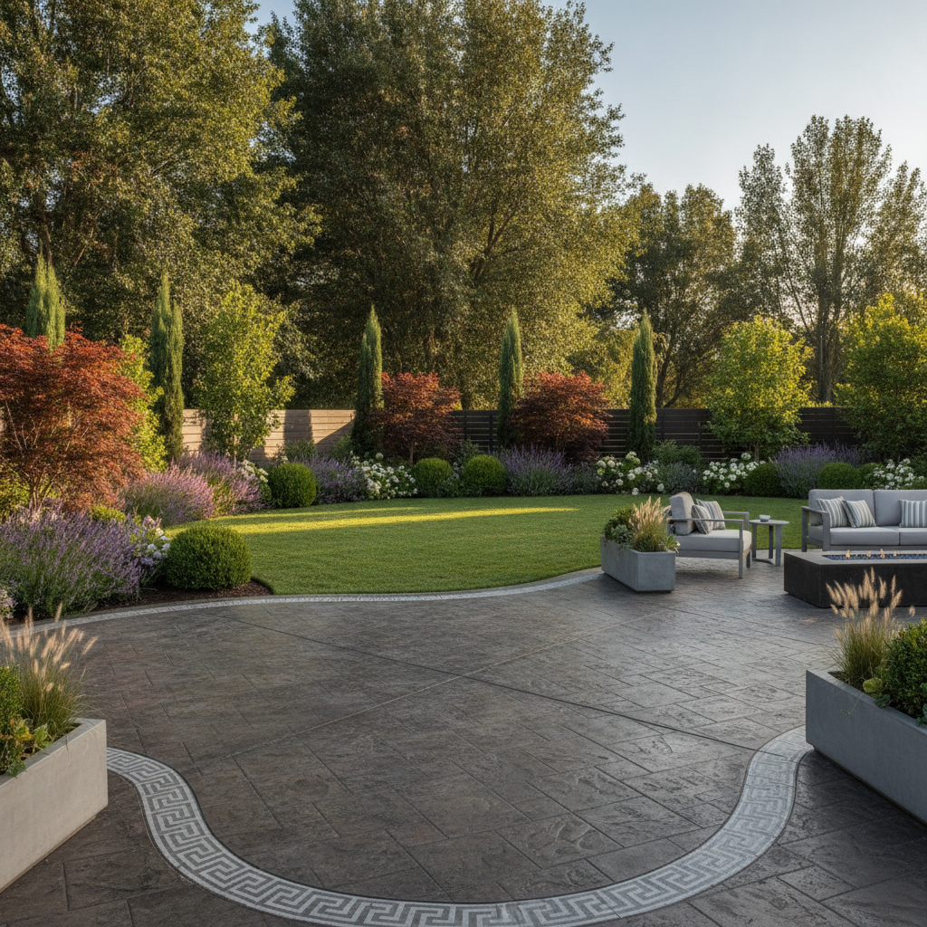 Luxury modern backyard by Lopez Brothers featuring pristine manicured landscaping, lush green lawn, mature ornamental plantings, and expertly finished stamped concrete patio with decorative borders