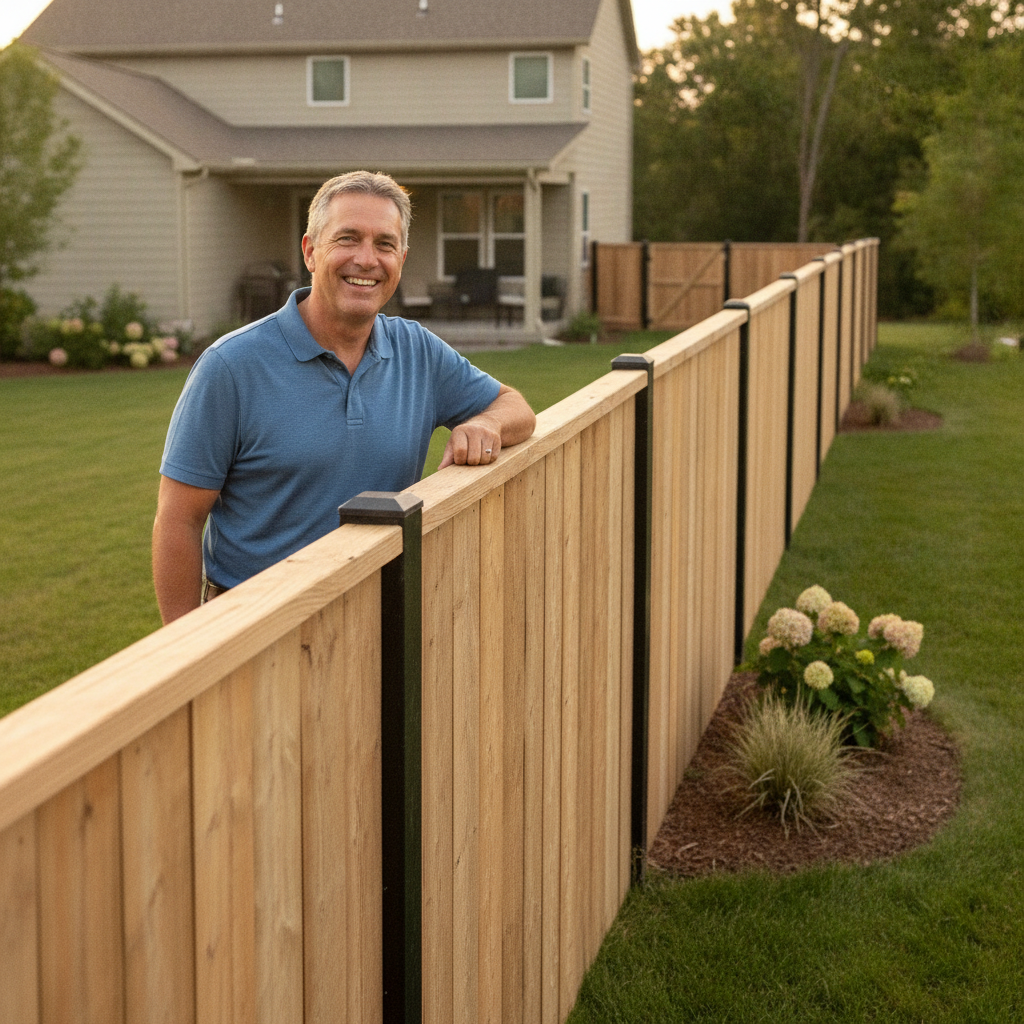 Portrait of happy homeowner Michael B standing by new fence