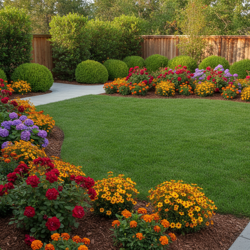 Lush manicured garden with vibrant colorful flowers, perfectly trimmed hedges, and freshly applied dark mulch surrounding a pristine green lawn