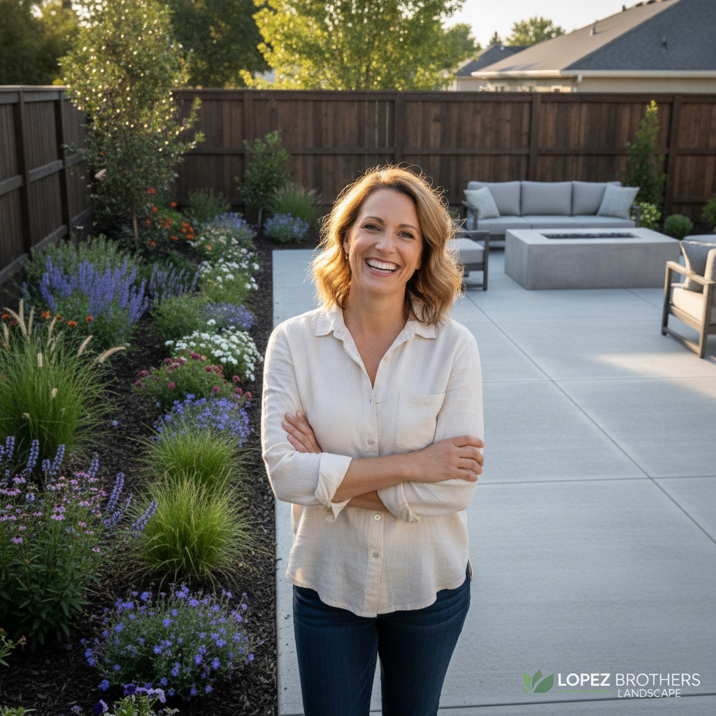Portrait of satisfied homeowner Sarah J smiling in her backyard