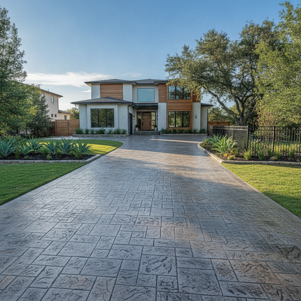 Freshly poured stamped concrete driveway with an intricate ashlar slate pattern and smooth flawless finish leading up to a modern residential home