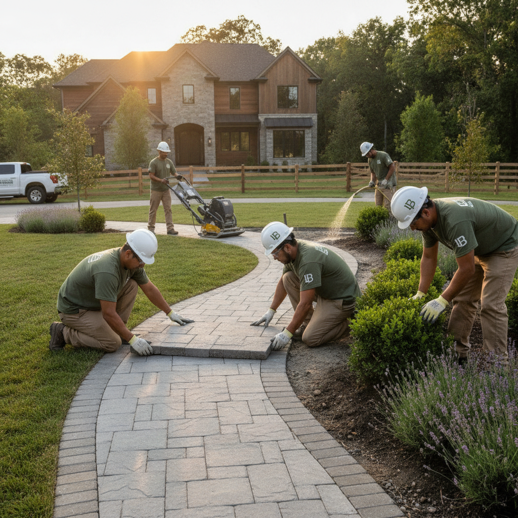 Professional Lopez Brothers landscaping crew in matching uniforms meticulously installing stone pavers and manicured shrubs on an upscale residential property, showcasing hands-on craftsmanship and teamwork