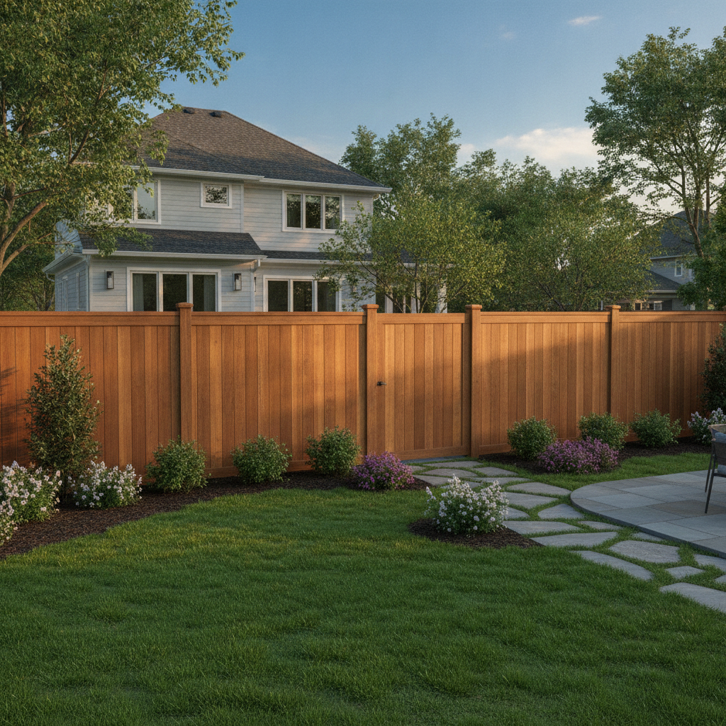 Beautifully installed cedar wood privacy fence with clean vertical lines and rich warm cedar tones enclosing a landscaped residential backyard