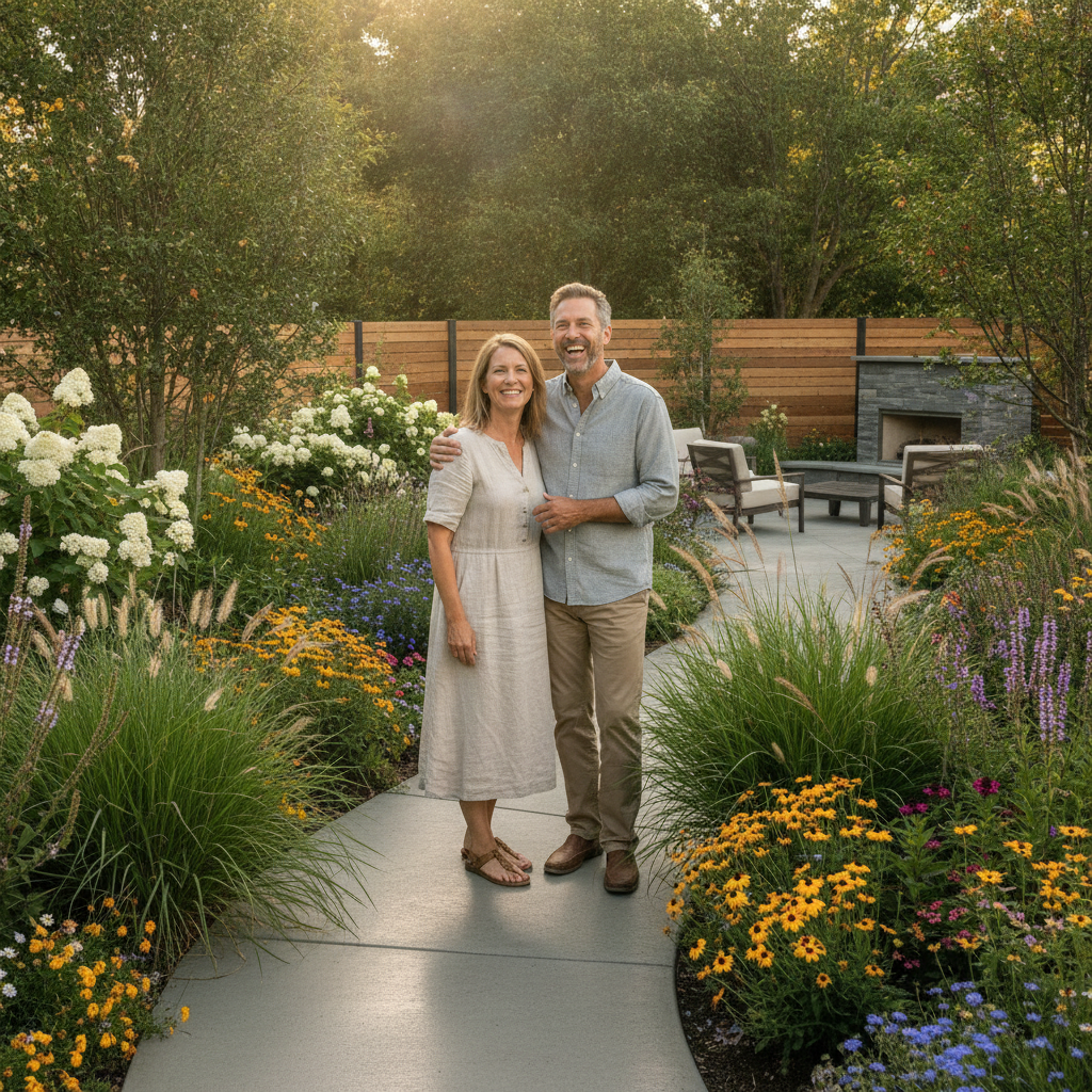 Portrait of delighted homeowners Emily and David R in lush garden