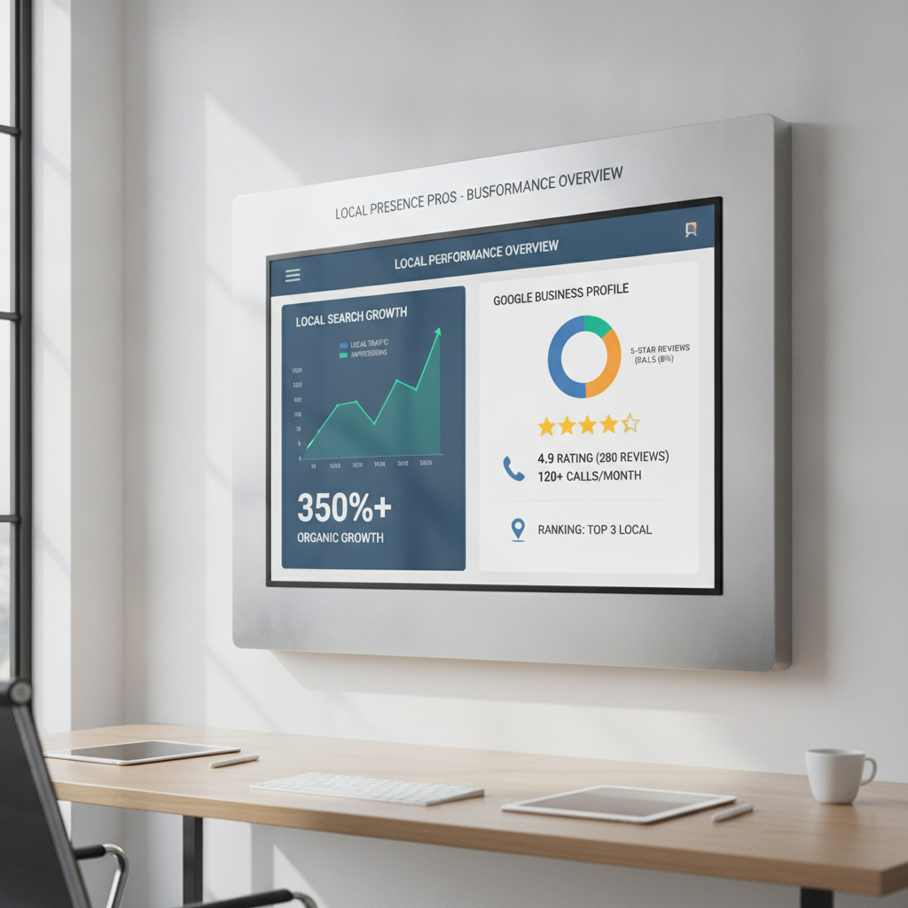 Modern digital marketing analytics dashboard showing local search growth and Google Business Profile performance for a small business