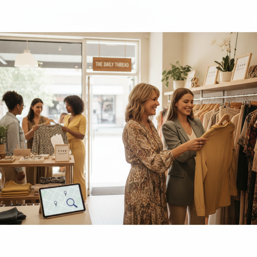 Smiling local boutique owner helping a customer, symbolizing business growth from local SEO.