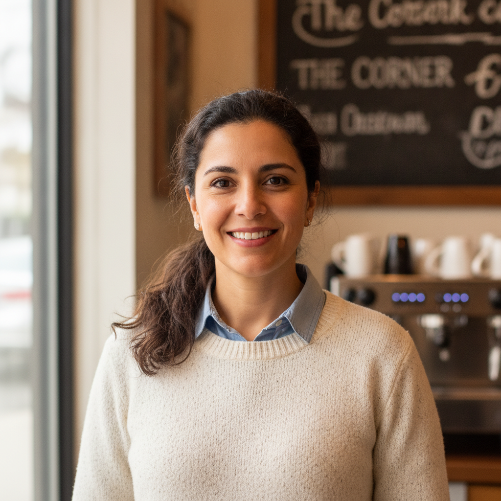 Professional headshot of Maria Sanchez, owner of a local cafe.