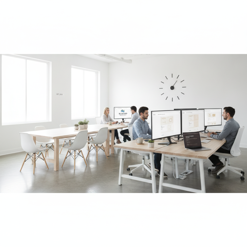A clean, minimalist web design agency office with large monitors displaying website layouts.
