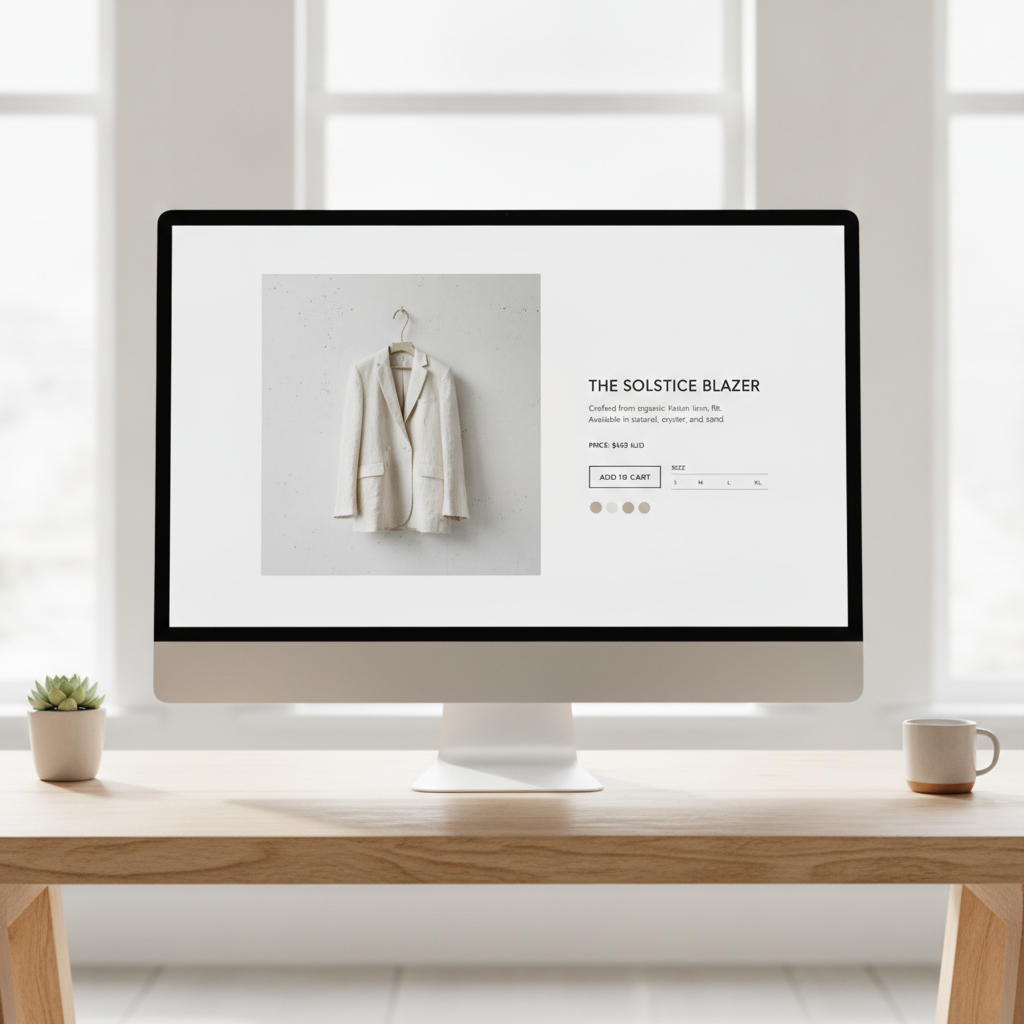 Minimalist e-commerce website design for a high-end clothing brand, showing a product page.