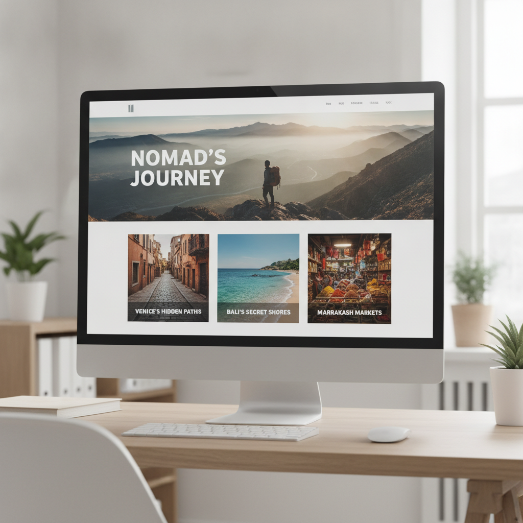 Clean blog layout design for a travel writer with large, bold typography and immersive photography.