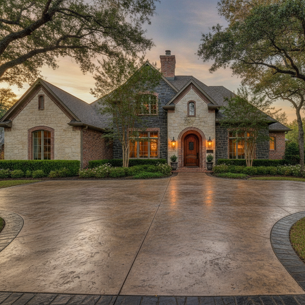 Decorative concrete driveway and custom masonry home exterior by Todd Wire Construction