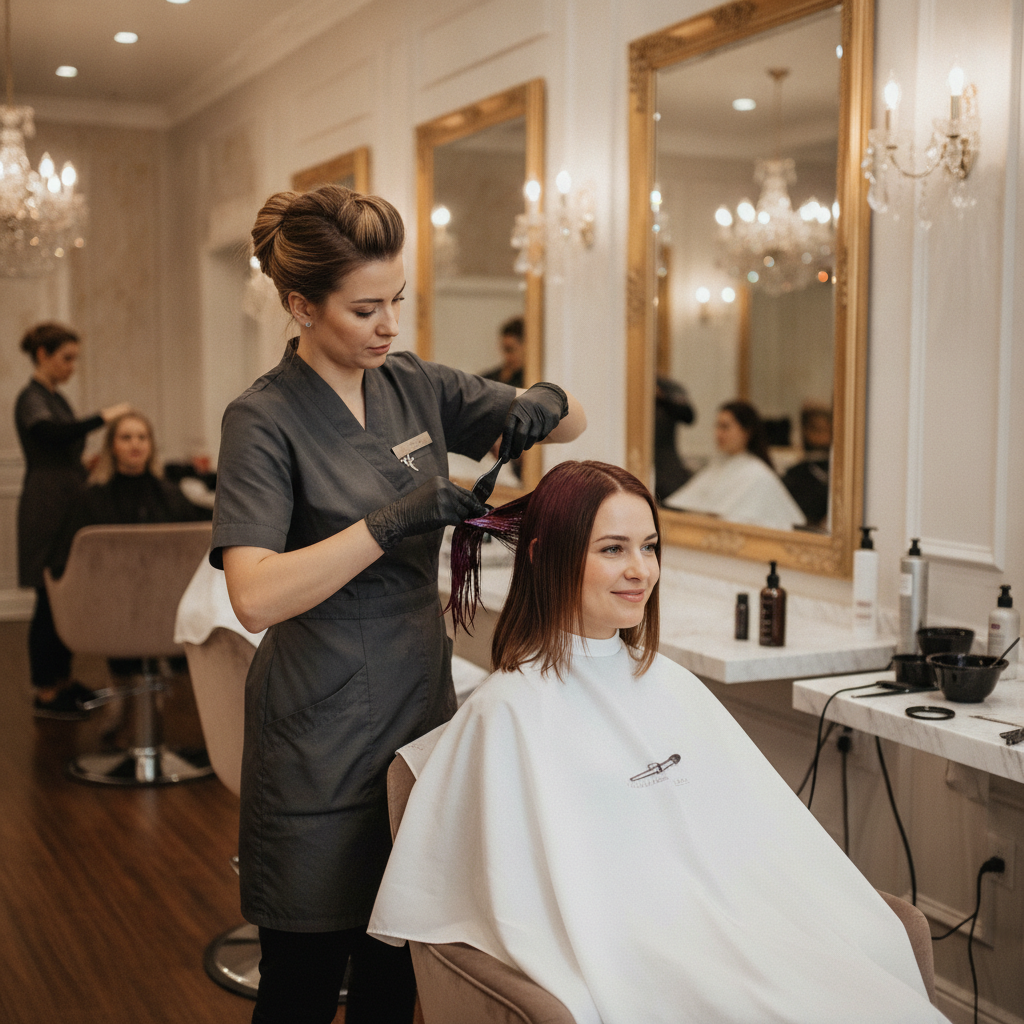 Estilista profesional aplicando tinte premium a una clienta en un salón de belleza elegante
