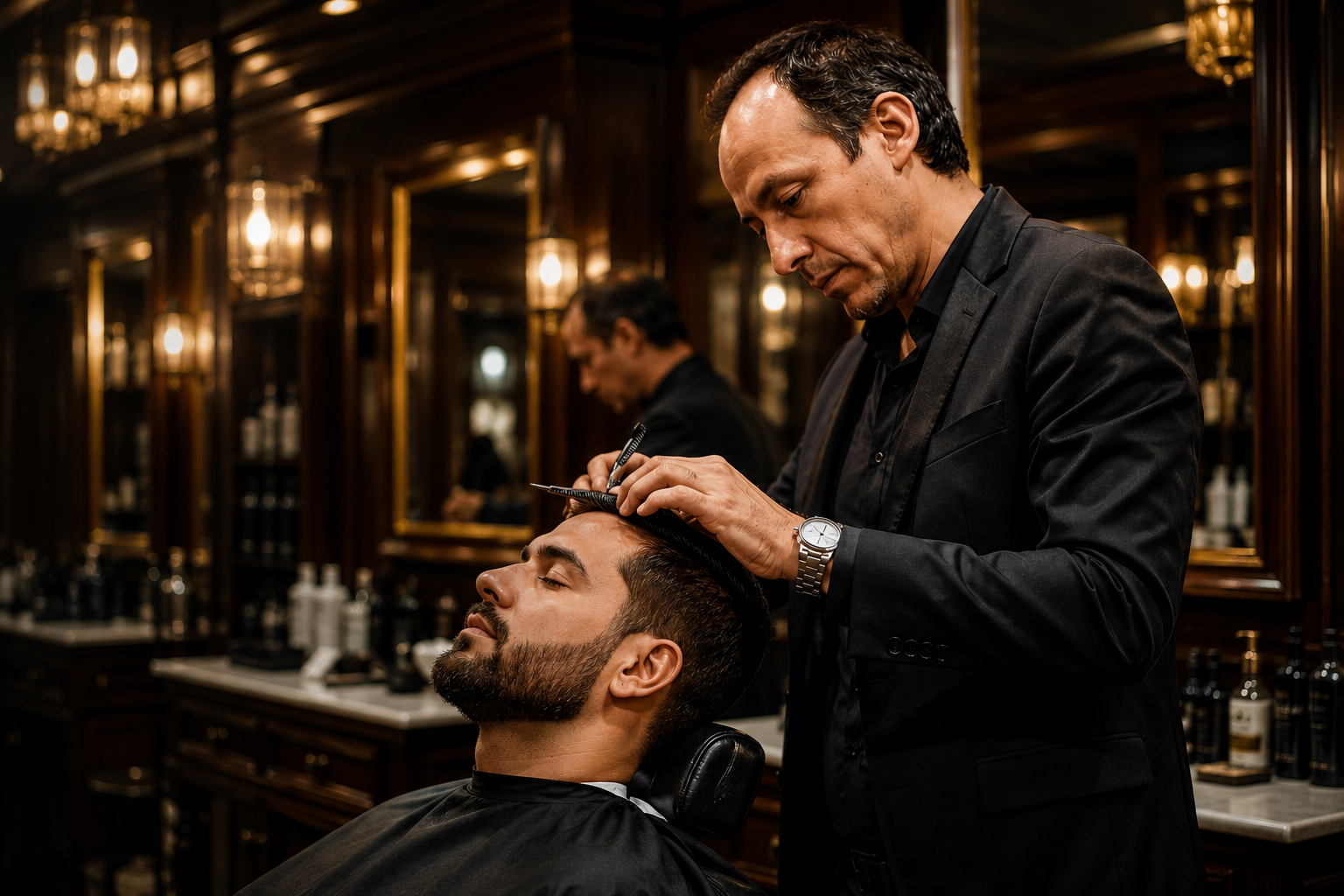 Profesional barbero realizando un corte de cabello premium en un salón de lujo europeo