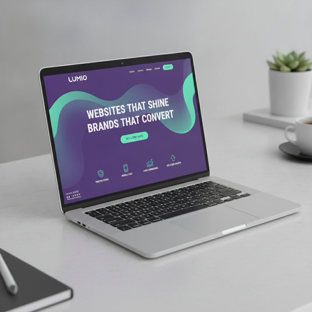 Sleek laptop mockup displaying a premium modern website interface designed by Lumio with vibrant purple and mint gradient accents