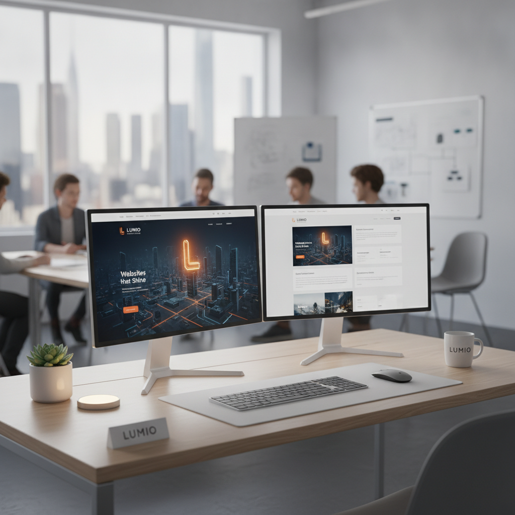 Sleek minimal Lumio designer workspace with dual monitors displaying website design mockups