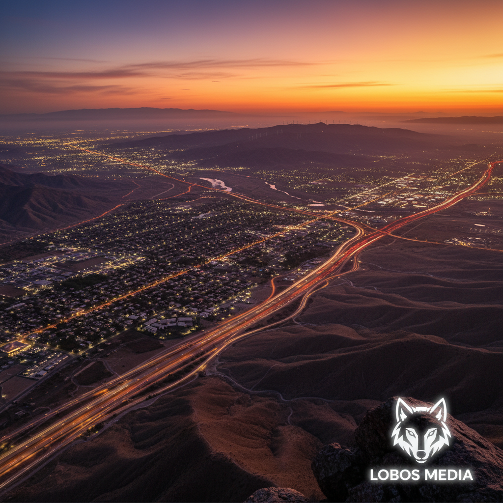 Cinematic aerial drone view of Inland Empire landscape at sunset for Lobos Media