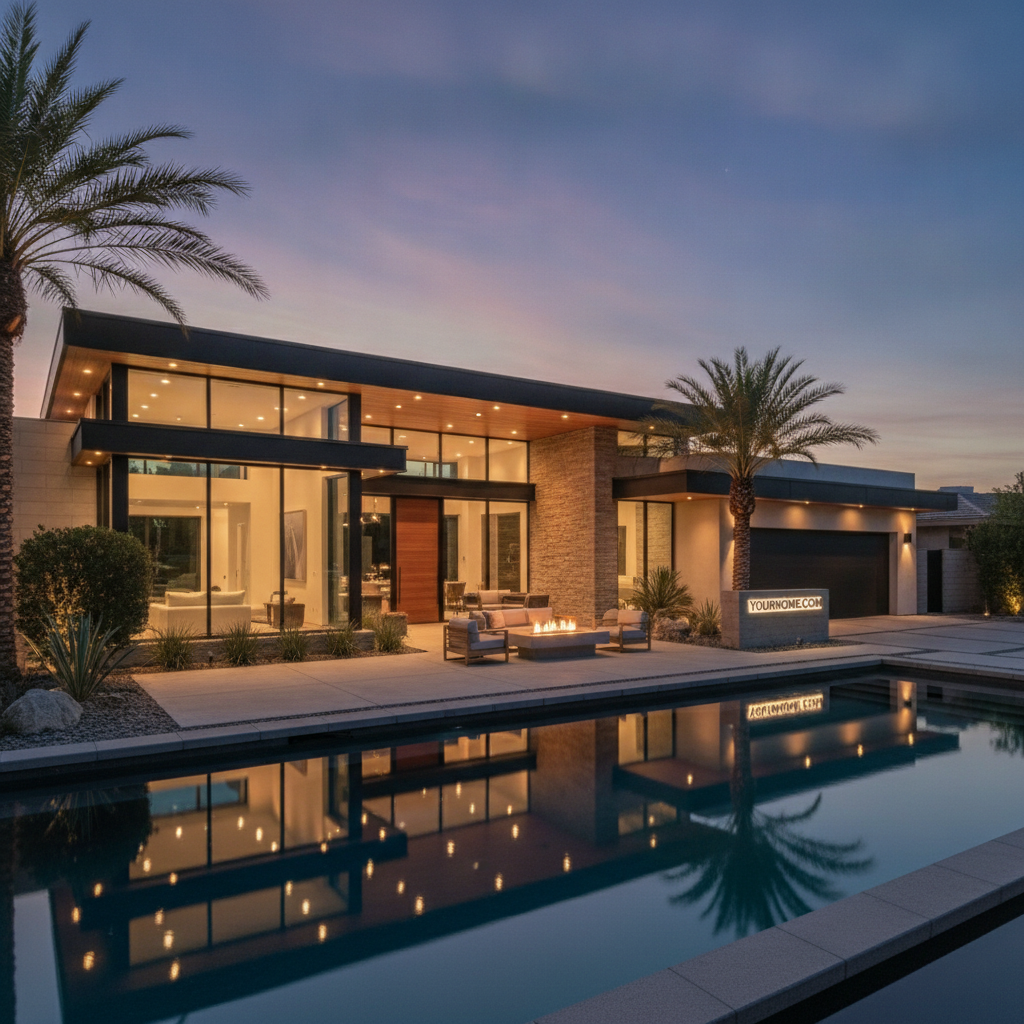 Stunning modern home exterior professionally photographed at twilight for a premium real estate listing