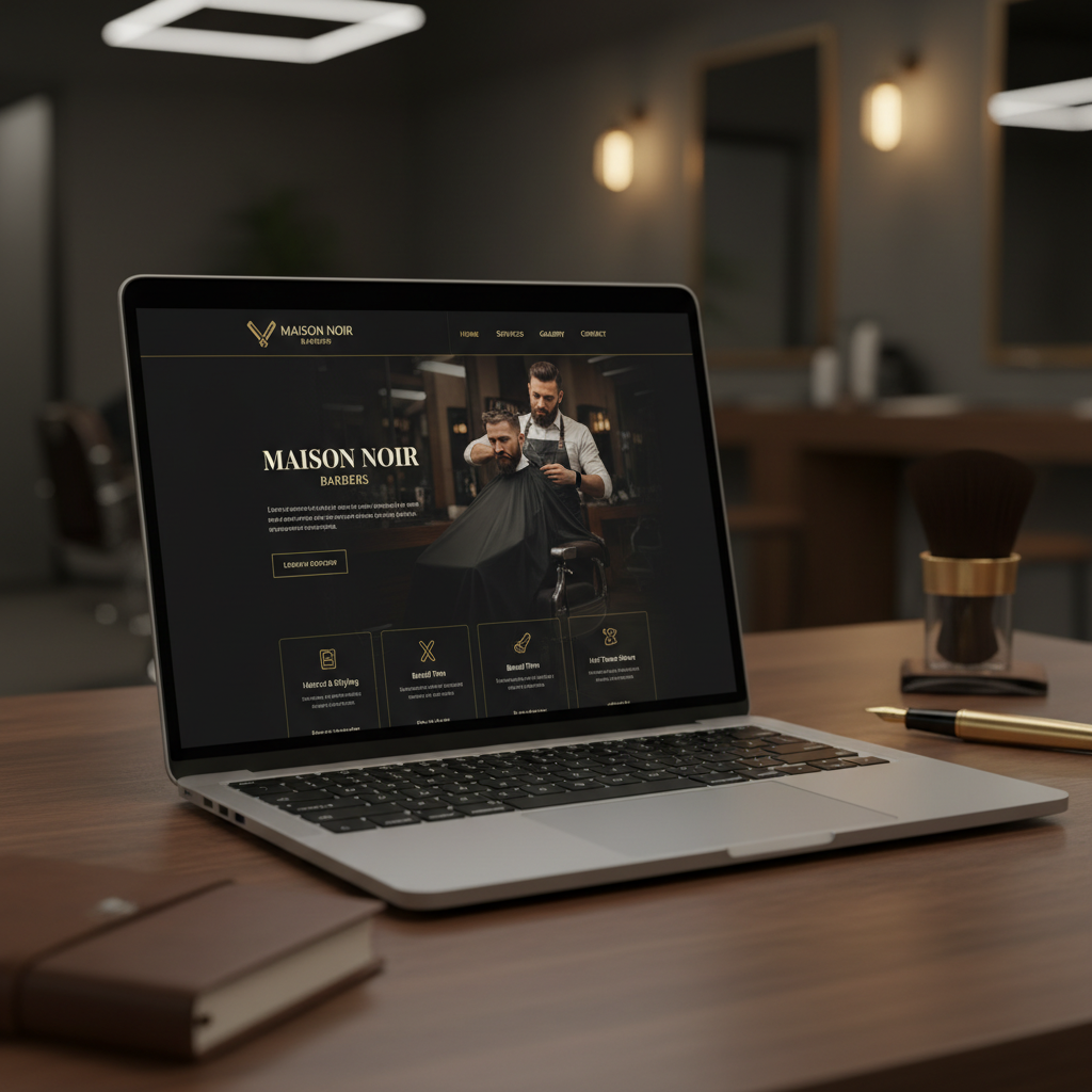 Premium website design voor een luxe kapperszaak met donkere modus en gouden accenten