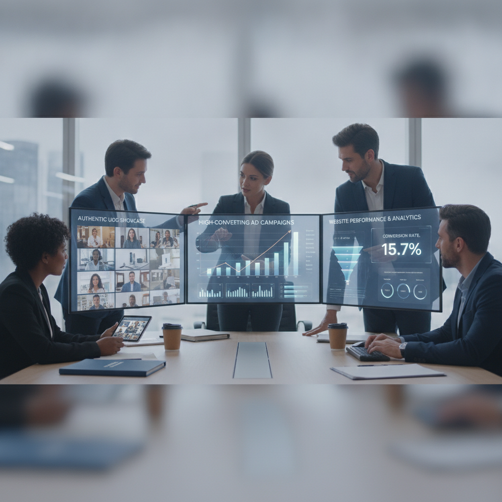 Professional digital marketing team analyzing high-converting ad campaigns, UGC content, and website analytics on modern displays