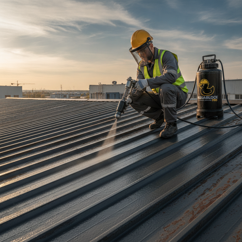 Industrial roofing contractor in safety gear applying dark grey rubber duck waterproof spray paint to a corrugated metal roof