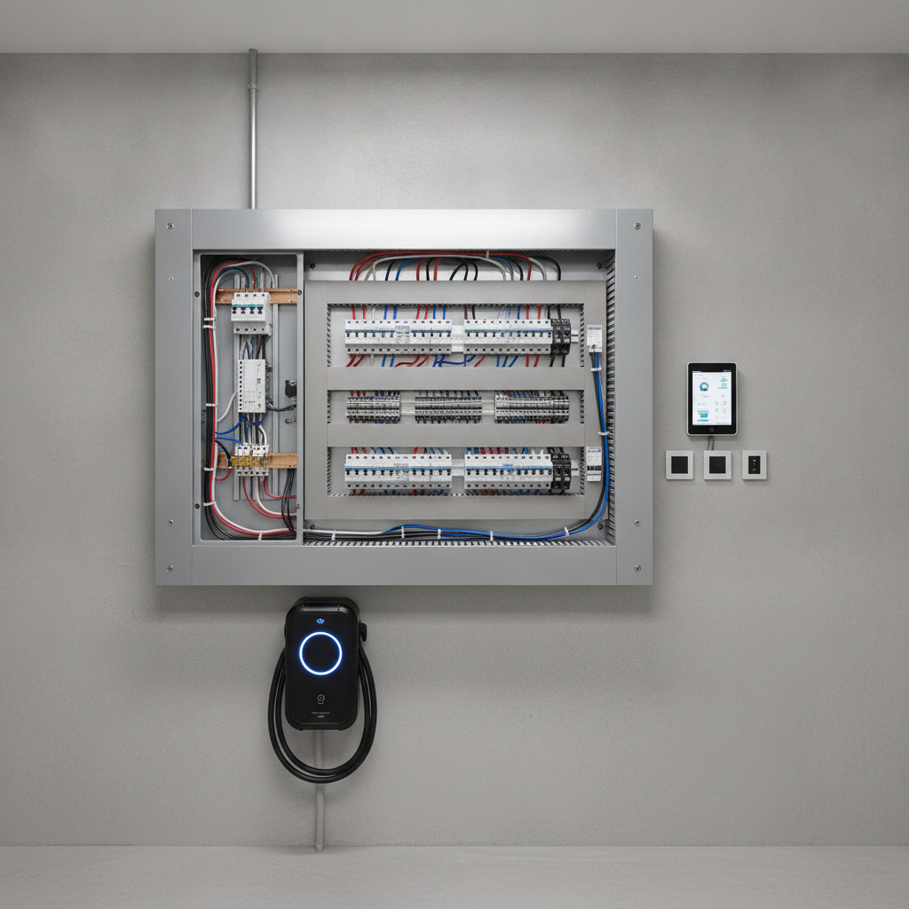 Premium modern residential electrical service upgrade featuring a sleek clean modern electrical panel with organized color-coded wiring in red black blue and white neatly arranged circuit breakers with clearly labeled circuits, a sleek wall-mounted EV charger for electric vehicles, smart home electrical technology including smart switches and smart panel monitoring devices, high-quality copper busbars, modern safety features, professional installation details, bright well-lit premium residential utility space, realistic professional photography, trustworthy premium residential electrician aesthetic, no people no electricians no workers no faces no customers, no commercial buildings, no industrial equipment
