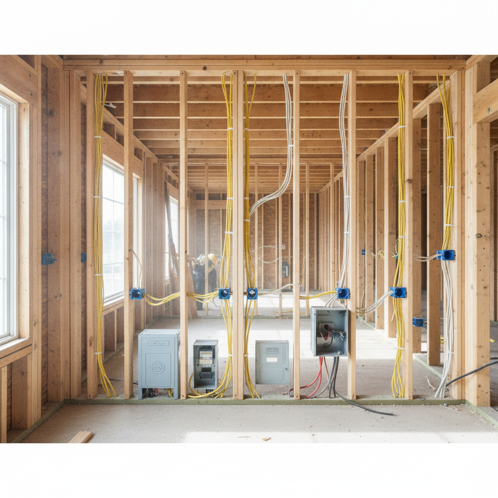 Exposed framing showing neat, code-compliant electrical rough-in wiring for a home renovation