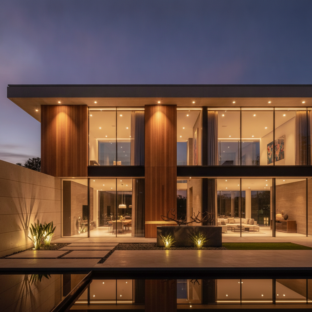Stunning modern luxury home exterior and interior at dusk with exceptional architectural lighting design, warm ambient indoor lighting glowing through large floor-to-ceiling windows, elegant exterior landscape lights illuminating clean contemporary facade, stylish recessed ceiling lights, sophisticated smart home lighting system, bright welcoming premium magazine-quality residential design, no people