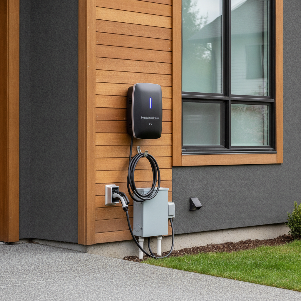 Modern electric vehicle EV charging station installation at a residential home with sleek wall-mounted charger, clean cable management, and premium electrical technology - no people visible