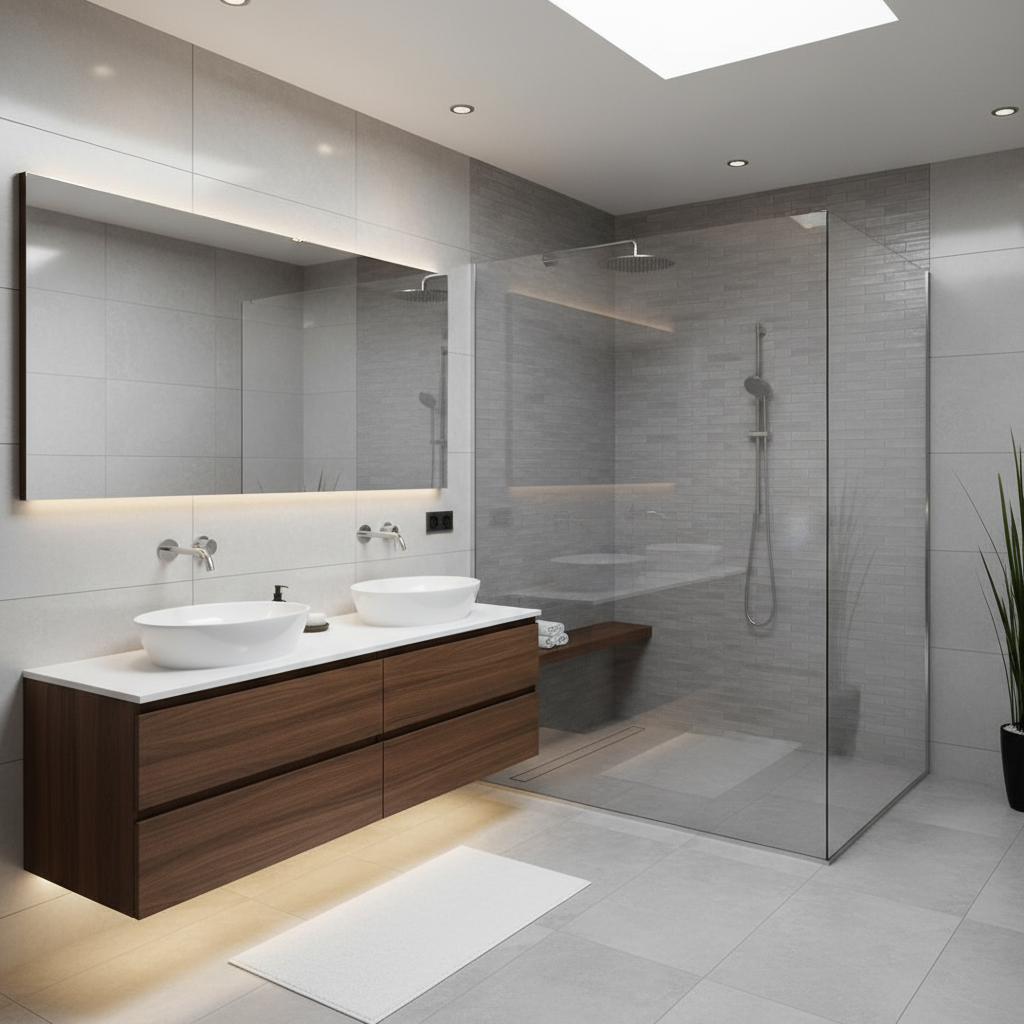 A sleek, modern bathroom with a spacious walk-in glass shower, floor-to-ceiling tile, and a floating dual vanity with vessel sinks.