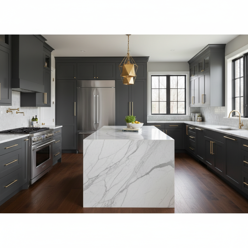 A fully remodeled luxury kitchen featuring a large marble waterfall island, dark custom cabinets, and modern gold pendant lights.