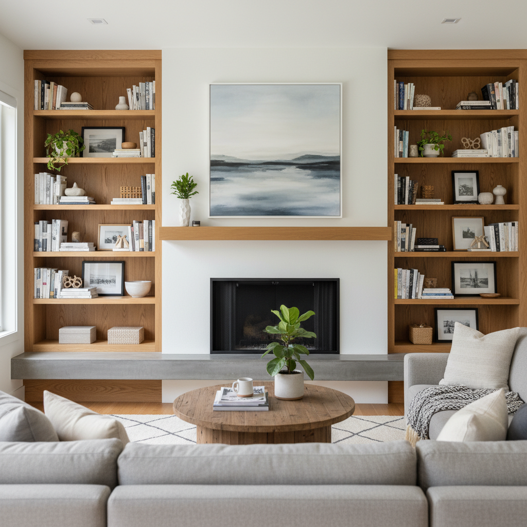 A cozy living room with custom floor-to-ceiling built-in bookshelves flanking a modern, minimalist fireplace.